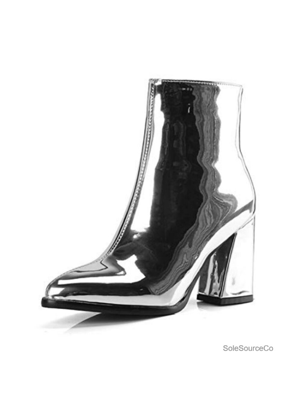 Patent PU Leather Metallic Ankle Boots Chunky Heel Pointed Toe Side Zip Party